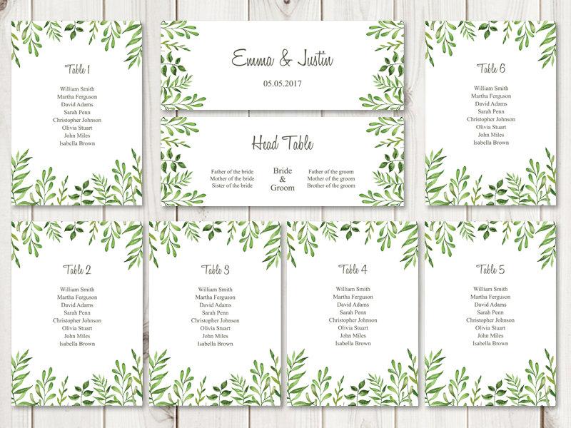 Wedding - Watercolor Wedding Seating Chart Template "Lovely Leaves", Green. DIY Printable Seating List & Header Sign. MS Word Files, Instant Download.