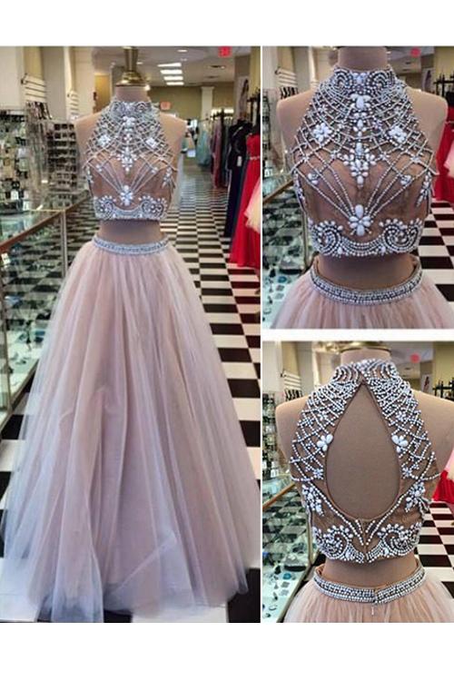 Mariage - Charming Two Piece Prom/Evening Dress White Floor-Length Backless Tulle Rhinestone