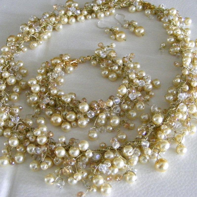 Hochzeit - Champagne Bridal Jewelry Set  - with golden thread