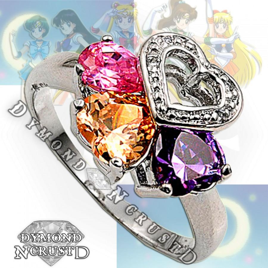 Mariage - Sailor Moon Inspired Pink, Citrine, & Amethyst Heart Shaped Bouquet Sterling Silver Promise Ring