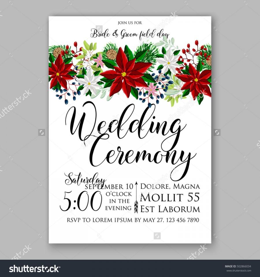 Hochzeit - Wedding invitation card template with winter bridal bouquet wreath flower Poinsettia