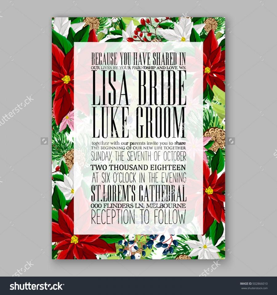 زفاف - Wedding invitation card template with winter bridal bouquet wreath flower Poinsettia