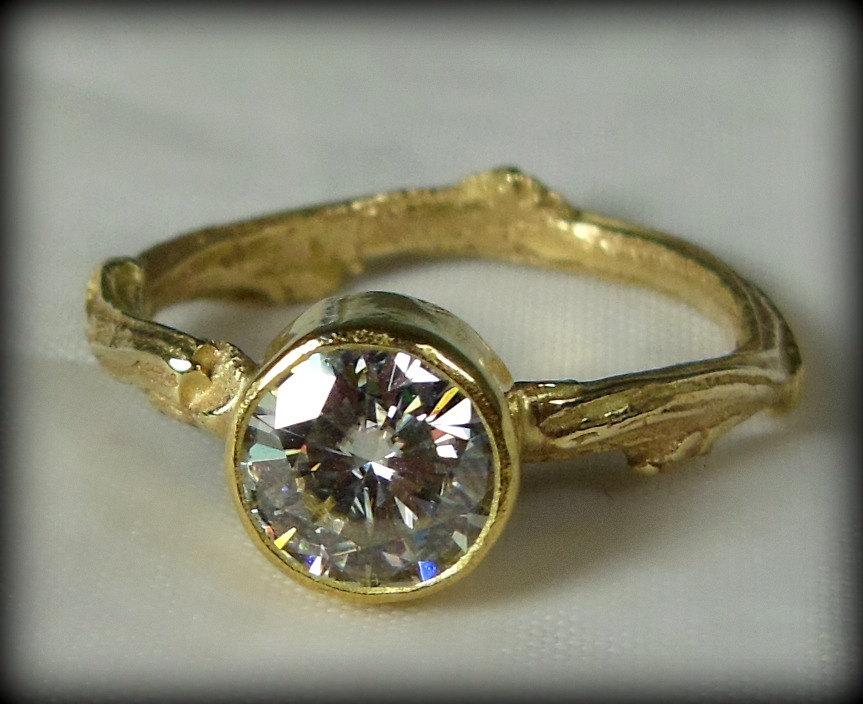 زفاف - Engagement ring, Solitaire ring,  6.5 mm Moissanite Gold  Twig  engagement ring, recycled gold ring