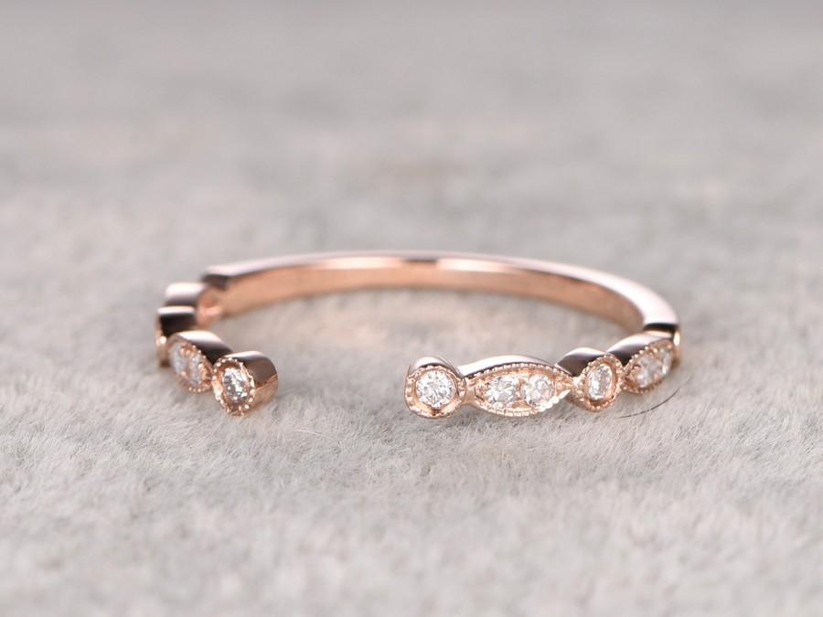 Wedding - Diamond Wedding Ring,Solid 14K Rose gold,Anniversary Ring,Half Eternity Band,Art deco Marquise,stacking Ring,Matching band,Unique design