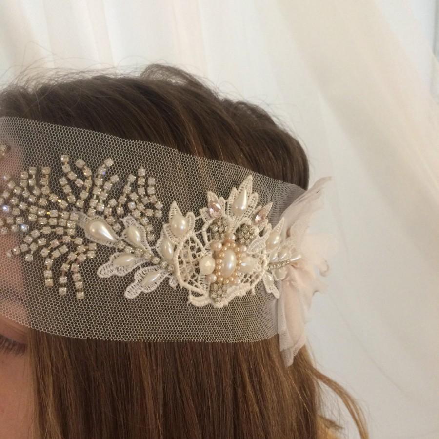 Hochzeit - Bridal Headpiece Delicate Tulle Pearl Rhinestone Headpiece Fabric Headpiece Fine Tulle Boho Chic Headand Rustic Wedding Vintage Hair piece