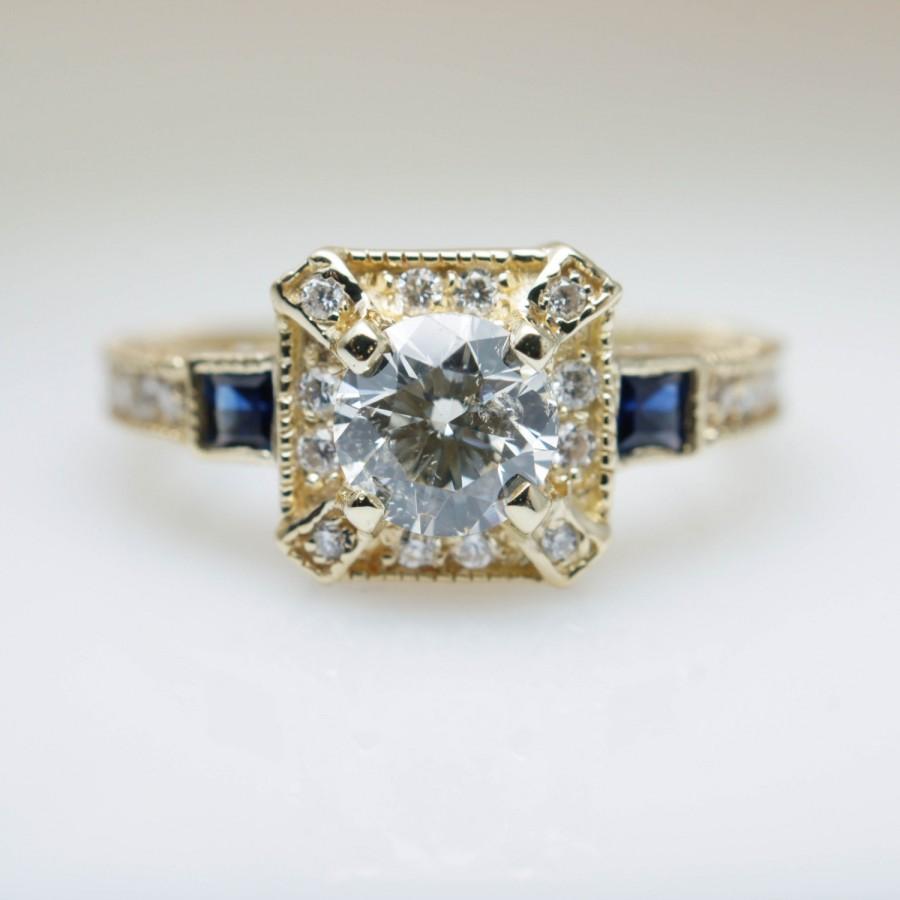 زفاف - Intricate Art Deco Style 1.16ctw Diamond Engagement Ring in 14k Yellow Gold Sapphire Filigree Engagement Ring Vintage Style Wedding Ring