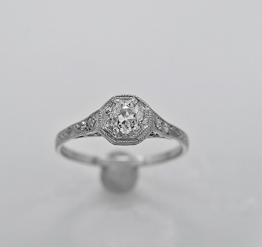 Wedding - Antique Engagement Ring .55ct. Diamond & Platinum Art Deco - J35783