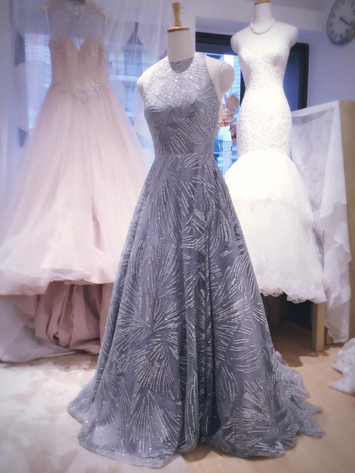 Hochzeit - Shiny Grey Elegant Bling Bling Evening Dress (Bridal Couture, Designer Fabric, wedding dress, bateau neckline, tulle evening dress, couture)
