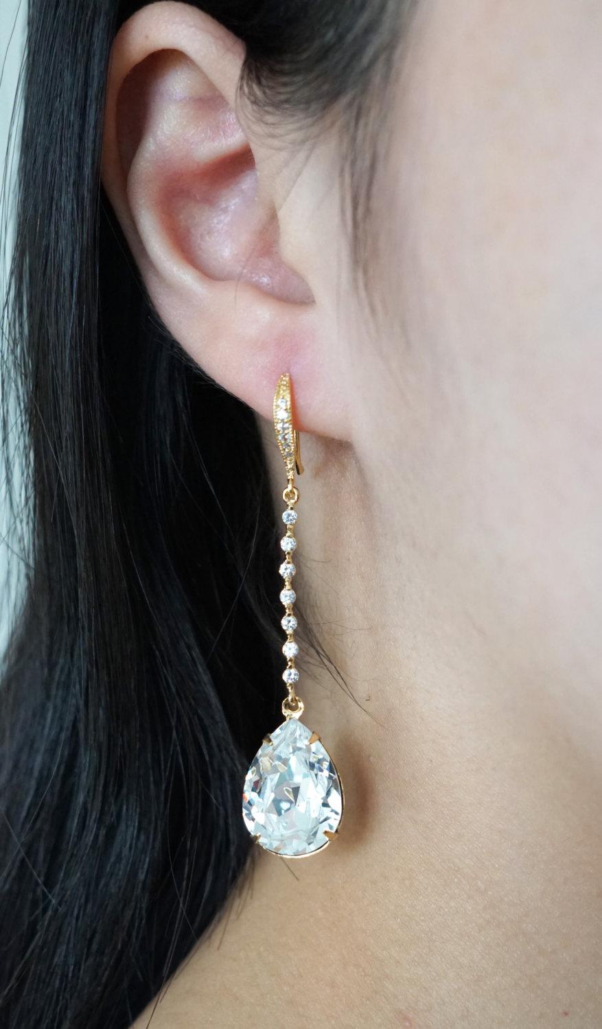 زفاف - Padma - Champagne Gold Wedding Earrings Bridesmaid Earrings Bridal Jewelry Wedding Clear Swarovski Crystal Tear Drops with Cubic Zirconia