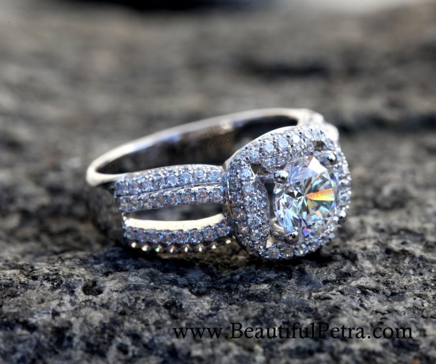 زفاف - Diamond Engagement Ring -14K white gold -  chunky - 1.40 carat Round - Halo - Pave - Multi row - Brides - bph016