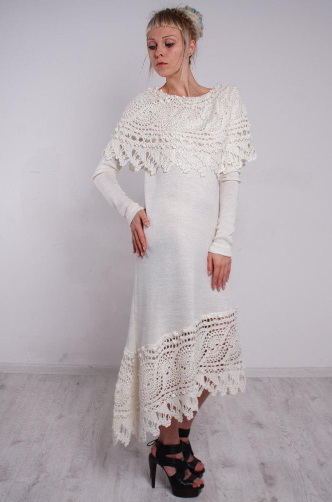 Wedding - CROCHET white Dress asymmetric white Dress Midi white Dress Crochet white Dress KNIT collar Dress lace white Dress Knit sleeves white Dress