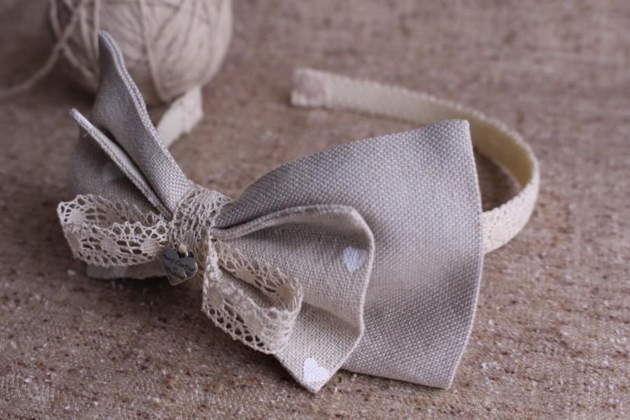 Wedding - beige bow headband-School bow headband-Natural linen bow headband-Linen lace bow-Simple bow-Bow Hard Headband-Toddler Girls Adults Headband