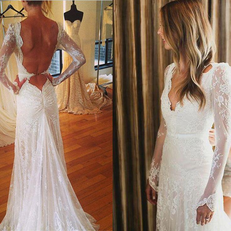 زفاف - Sexy V-neck Open Back Mermaid Long Sleeve White Lace Tulle Wedding Party Dresses, WD0012