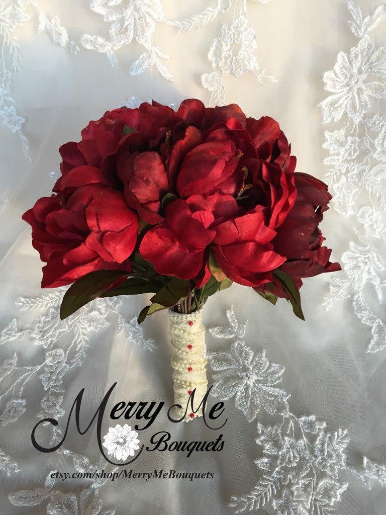 Wedding - Red Peony Bouquet - Silk Peony Bouquet - Red Bouquet - Winter Bouquet - Fall Bouquet - Red Valentines Bouquet