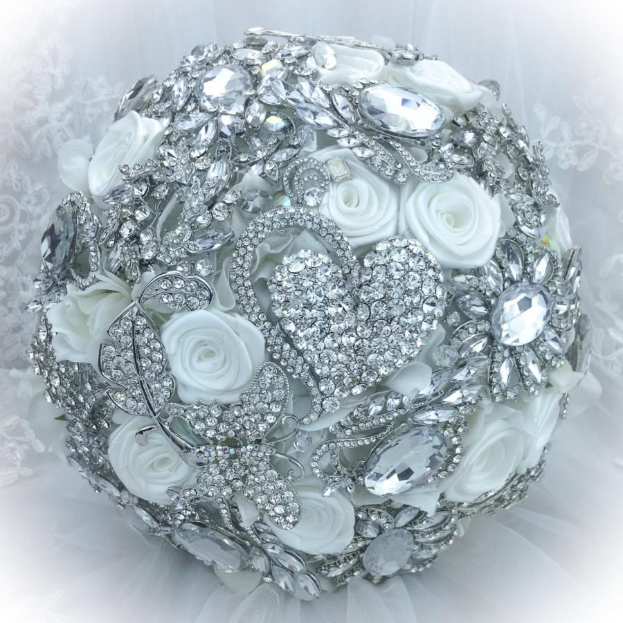 Mariage - Classic Rich Pure White Lots of Crystals Bling Wedding Brooch Bouquet. DEPOSIT