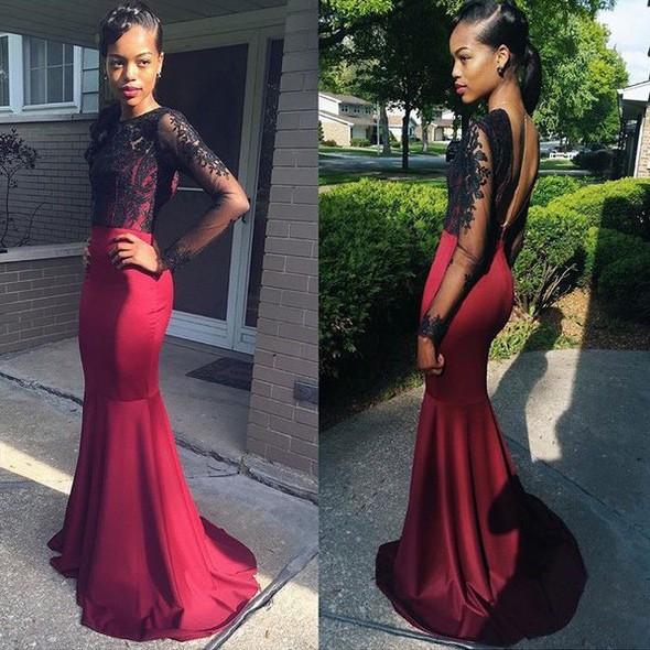 Hochzeit - Elegant Long Backless Prom Dress - Burgundy Mermaid Top with Black Lace