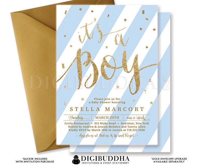 Wedding - Boy BABY SHOWER INVITATION Blue Stripes Printable Baby Shower Invite Gold Glitter Its A Boy Calligraphy Free Shipping or DiY - Stella