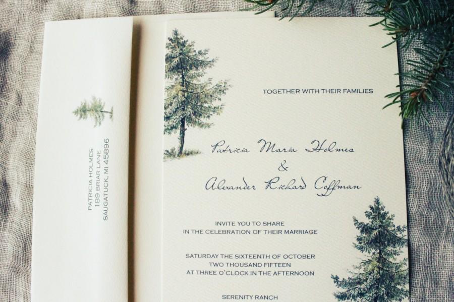 Hochzeit - Rustic Pine Wedding Invitation Cabin Evergreen Printable or Ship