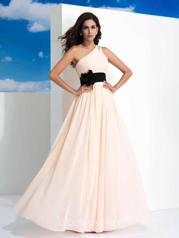 Wedding - A-Line/Princess One-Shoulder Sash/Ribbon/Belt Sleeveless Floor-Length Chiffon Dresses