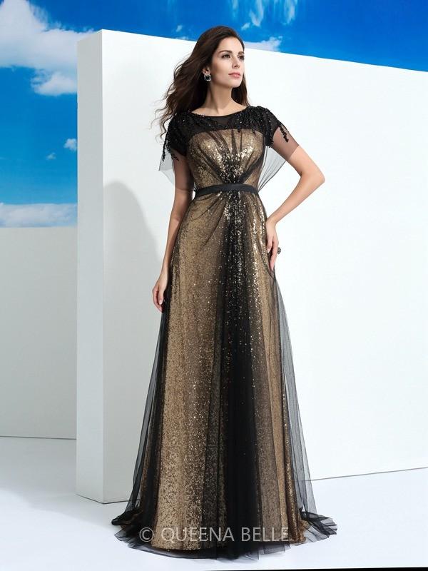 Mariage - A-Line/Princess Sheer Neck Paillette Short Sleeves Floor-Length Net Dresses
