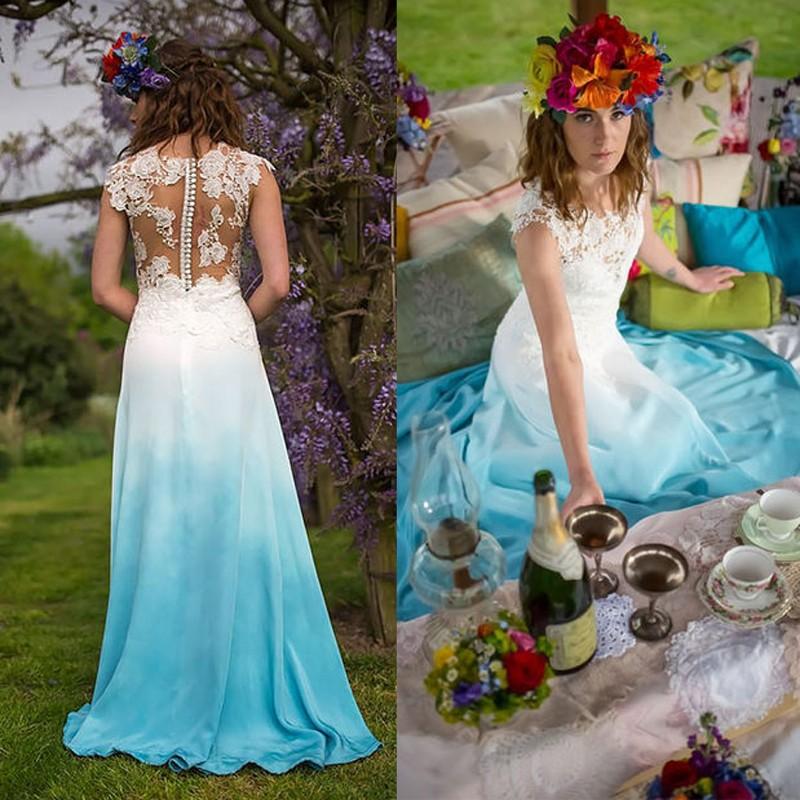 زفاف - Delicate Scalloped-Edge Sleeveless Floor-Length Wedding Dress - Colored Lace Top