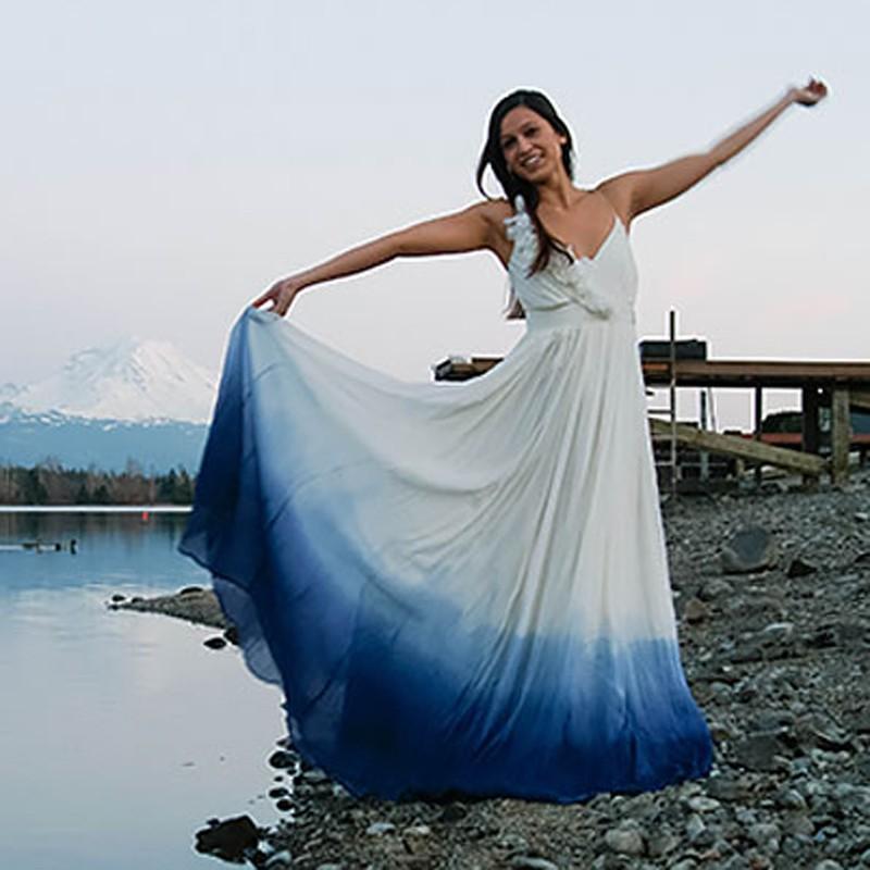 زفاف - Simple V-neck Sleeveless Floor-Length Colored Chiffon Ruched Wedding Dress with Patchwork