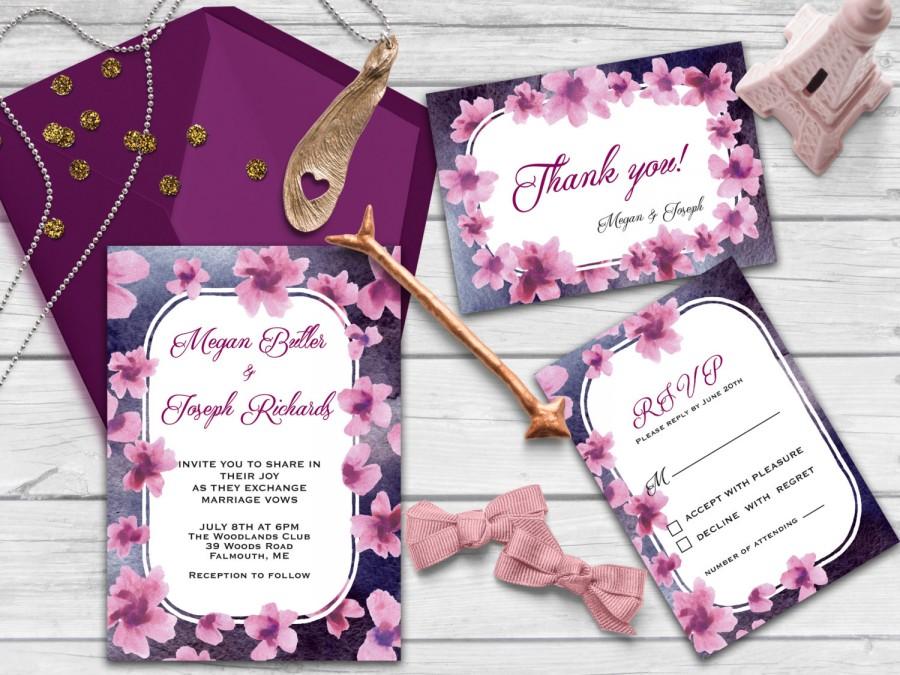 Wedding - Printable wedding set, Wedding invitation, RSVP, thank you card, Wedding kit handmade watercolor