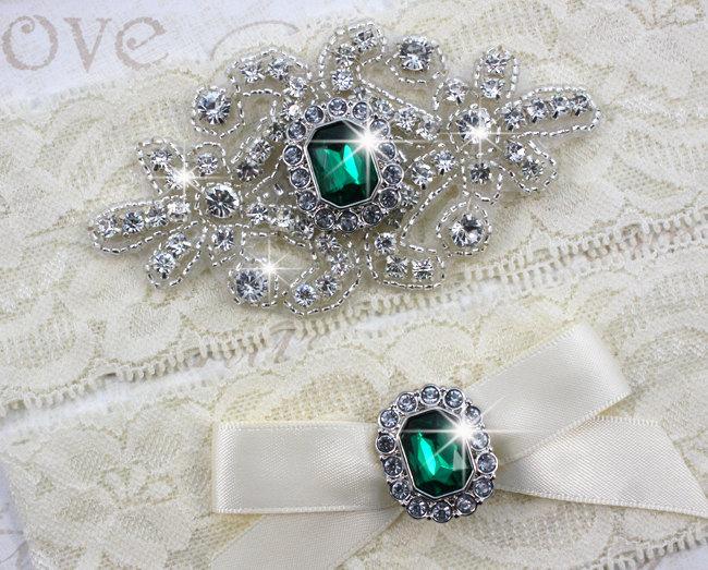 Hochzeit - SALE - RACHEL - Emerald Wedding Garter Set, Wedding Stretch Lace Garter, Rhinestone Crystal Bridal Garters