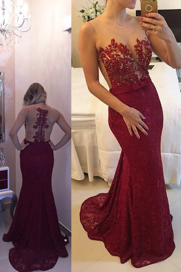 Mariage - Fancy Scoop Sleeveless Mermaid Burgundy Sweep Train Lace Prom Dress with Beading