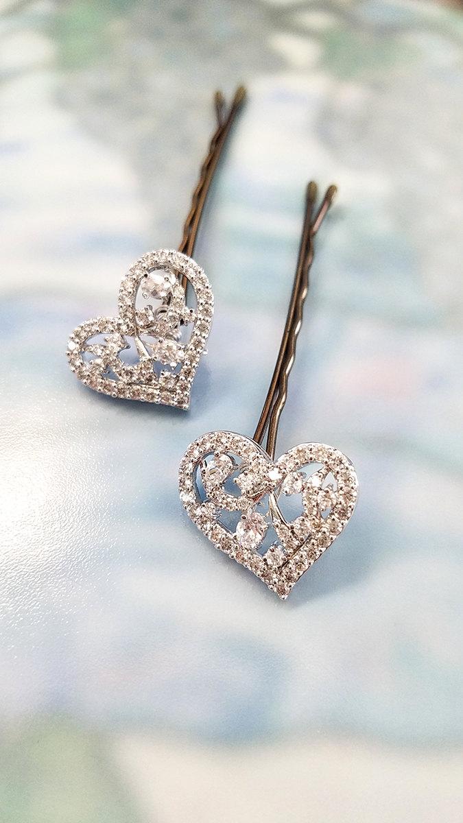 زفاف - Heart Hair Pin made with Cubic Zirconia, ONE Crystal Heart Bobby Pin