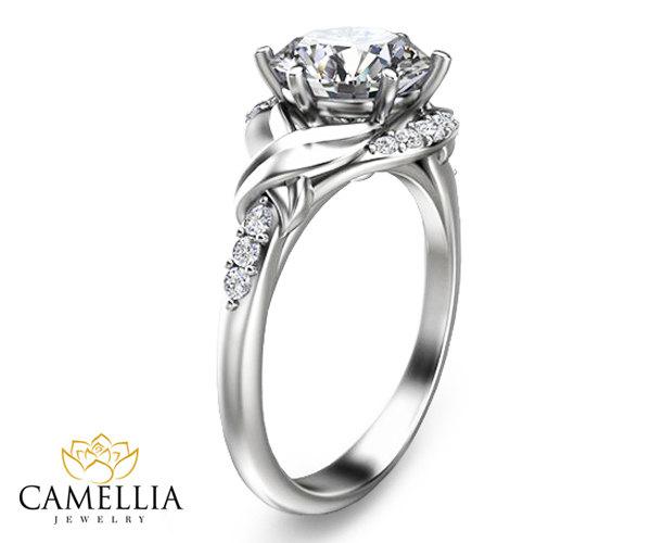 Wedding - 14K White Gold Moissanite Engagement Ring Leaf Design Engagement Ring Unique 2Ct Moissanite Ring