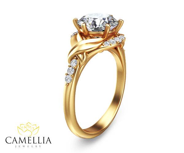 Hochzeit - 14K Yellow Gold Moissanite Engagement Ring Leaf Engagement Ring Unique 2Ct Moissanite Ring