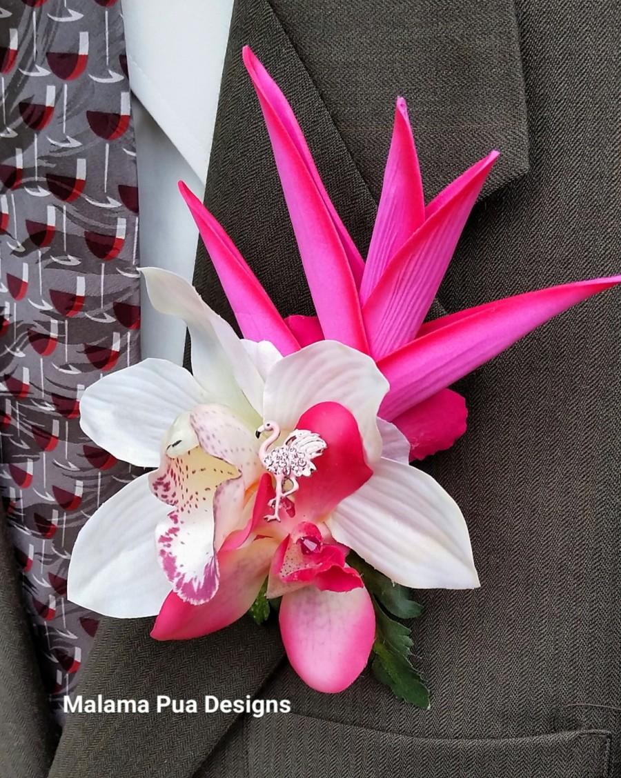 Mariage - TROPICAL BOUTONNIERE, Groom's accessory, Tropical, Ferns & Orchids, Flamingo, Tropical Wedding, Wedding Accessory, Hawaiian, Beach wedding