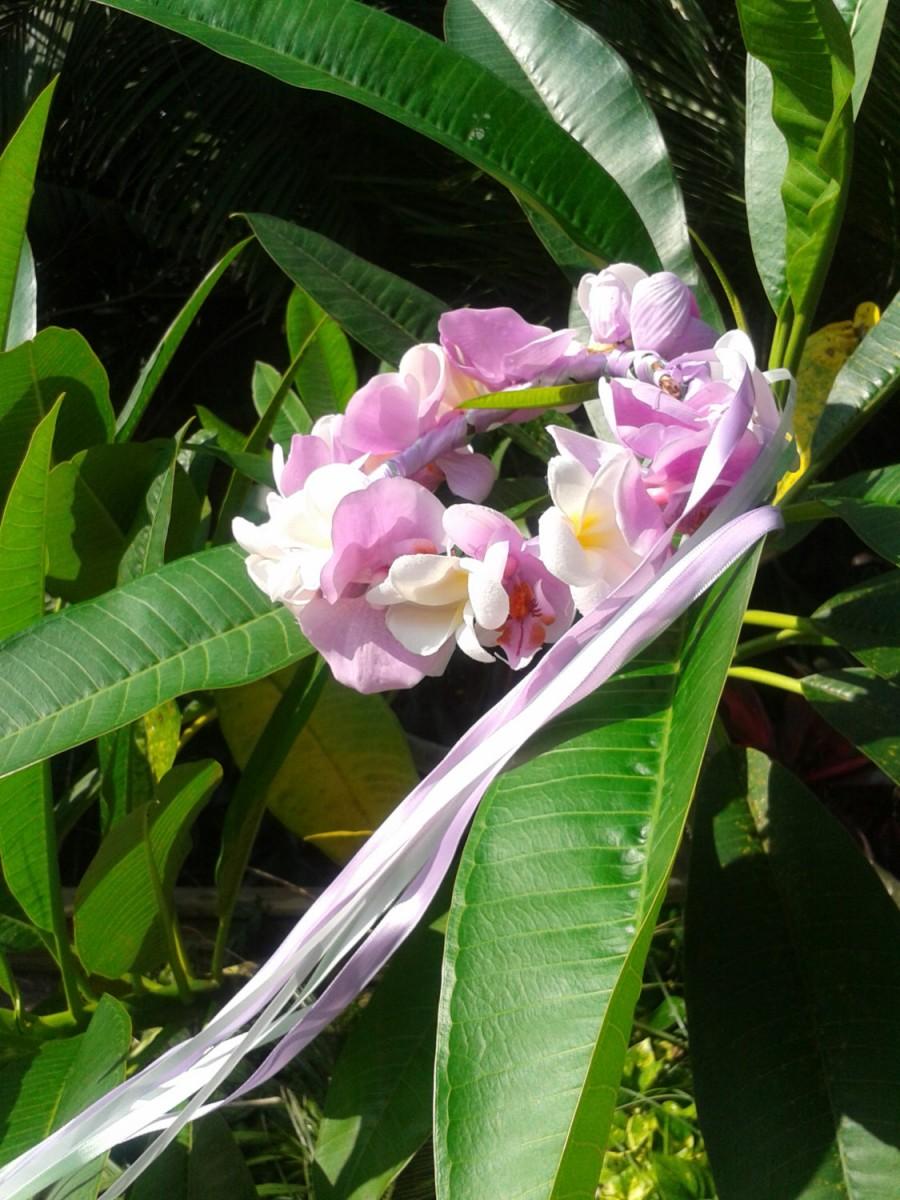 زفاف - TROPICAL FLOWER CROWN - Real Touch, Hawaiian White Plumeria & Orchids, Headpiece, Tiara, Beach Wedding Accessory, Bridal Hair Accessory
