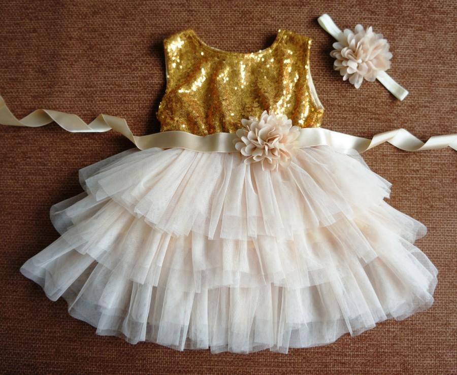 Hochzeit - Gold Sequin Dress, Gold Flower Girl Dress, Sequin Girl Dress, Gold Sparkle Girl Dress, Birthday Outfit, Junior Bridesmaid, Princess Dress
