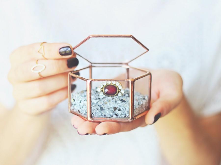 زفاف - Wedding Ring Box / Geometric Glass Ring Bearer Box / Lidded Copper Ring Box / Rose Gold Jewelry Box / Stained Glass Ring Pillow / Hexagon