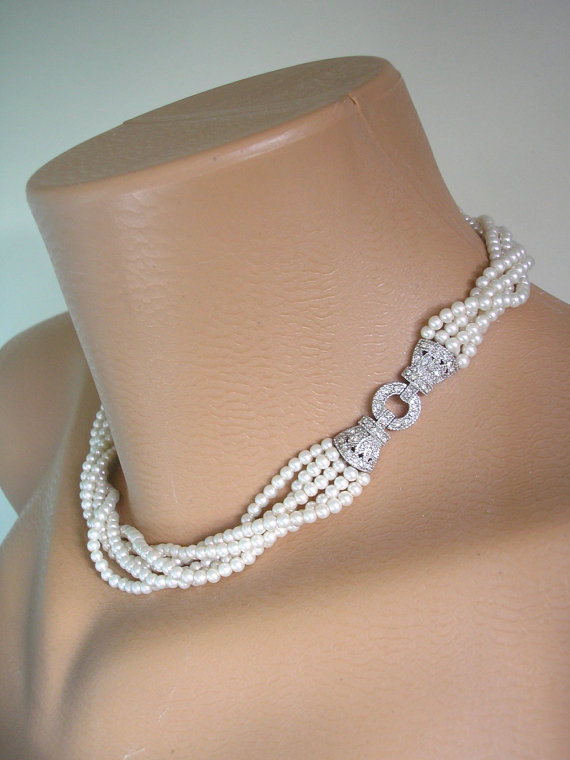 Wedding - Twisted Pearl Necklace, Pearl Choker, Great Gatsby, Multistrand Pearls, Bridal Jewelry, Wedding Necklace, Art Deco Style, Ivory Pearls