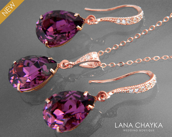 Hochzeit - Amethyst Rose Gold Jewelry Set Purple Crystal Earrings&Necklace Set Swarovski Amethyst Rhinestone Jewelry Set Wedding Bridesmaids Jewelry