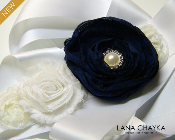 Hochzeit - Navy Blue White Sash Flower Girl Sash Blue White Rustic Sash Double Faced Satin Belt Deep Blue Floral Wedding Sash Blue White Dress Sash