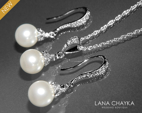 زفاف - White Pearl Earrings and Necklace Set STERLING SILVER Cz White Drop Pearl Set Swarovski 8mm Pearl Necklace&Earring Set Small Pearl Set