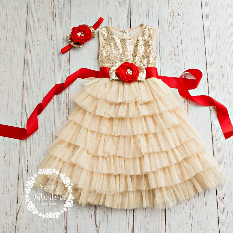 Mariage - Girls Christmas dress dresses, tulle gold red Christmas dress, Christmas dress for girls, Christmas Rustic Flower Girl dress, Girl dresses