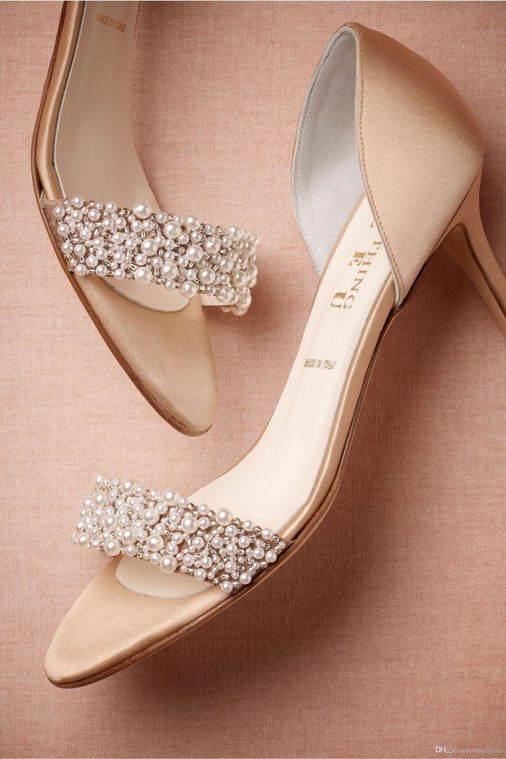 زفاف - Ivory Bridal Shoes Uk  Gorgeous Wedding Shoes Summer Champagne High Heels Medium Length Decorated With Beading Pearls Open Toe High Heels Women Shoes Ivory Kitten Heel Wedding Shoes From Everytide, $89.01