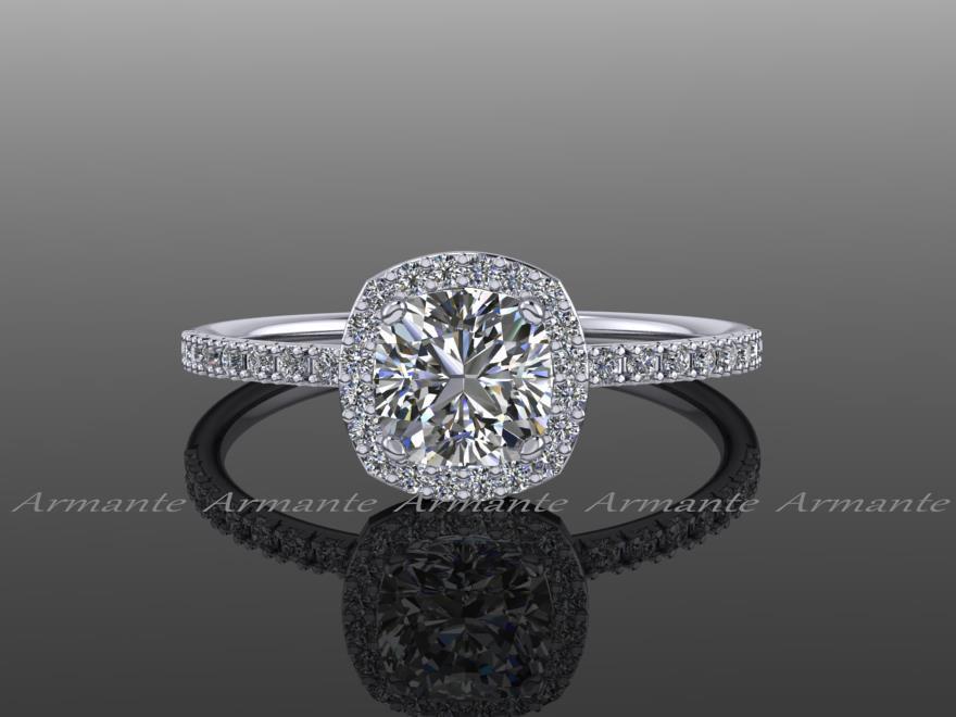 Wedding - Halo Diamond Moissanite Engagement Ring Cushion Cut 14k White Gold Wedding Ring,  Re00082