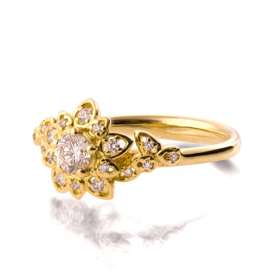 Hochzeit - Moissanite Art Deco Petal Engagement Ring - 14K Gold and Moissanite Unique Engagement Ring, leaf ring, flower ring, vintage, halo ring, 2B