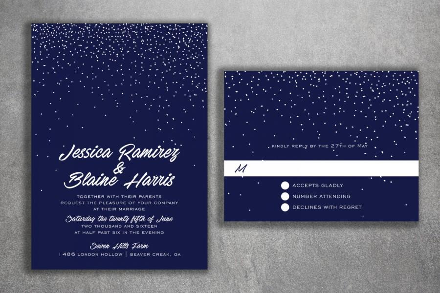 Свадьба - Winter Snow Wedding Invitations Set - Cheap Wedding Invitations, Stars, Night, Blue & White, Affordable Invitations, Lights