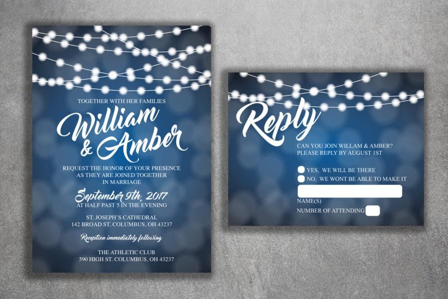 Hochzeit - Blue and White Lights Wedding Invitations Set Printed - Cheap Wedding Invitation, Affordable Wedding Invites, Lights, Sparkly, Elegant, RSVP