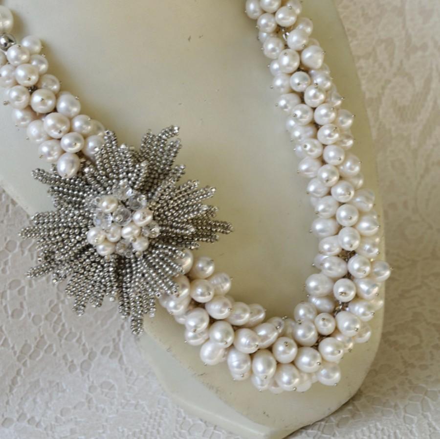 Hochzeit - White Pearl Wedding Statement Wirework Necklace with Silver Flower, Bridal Necklace, Bridesmaids Necklace, Wedding Jewelry, Gift for Her