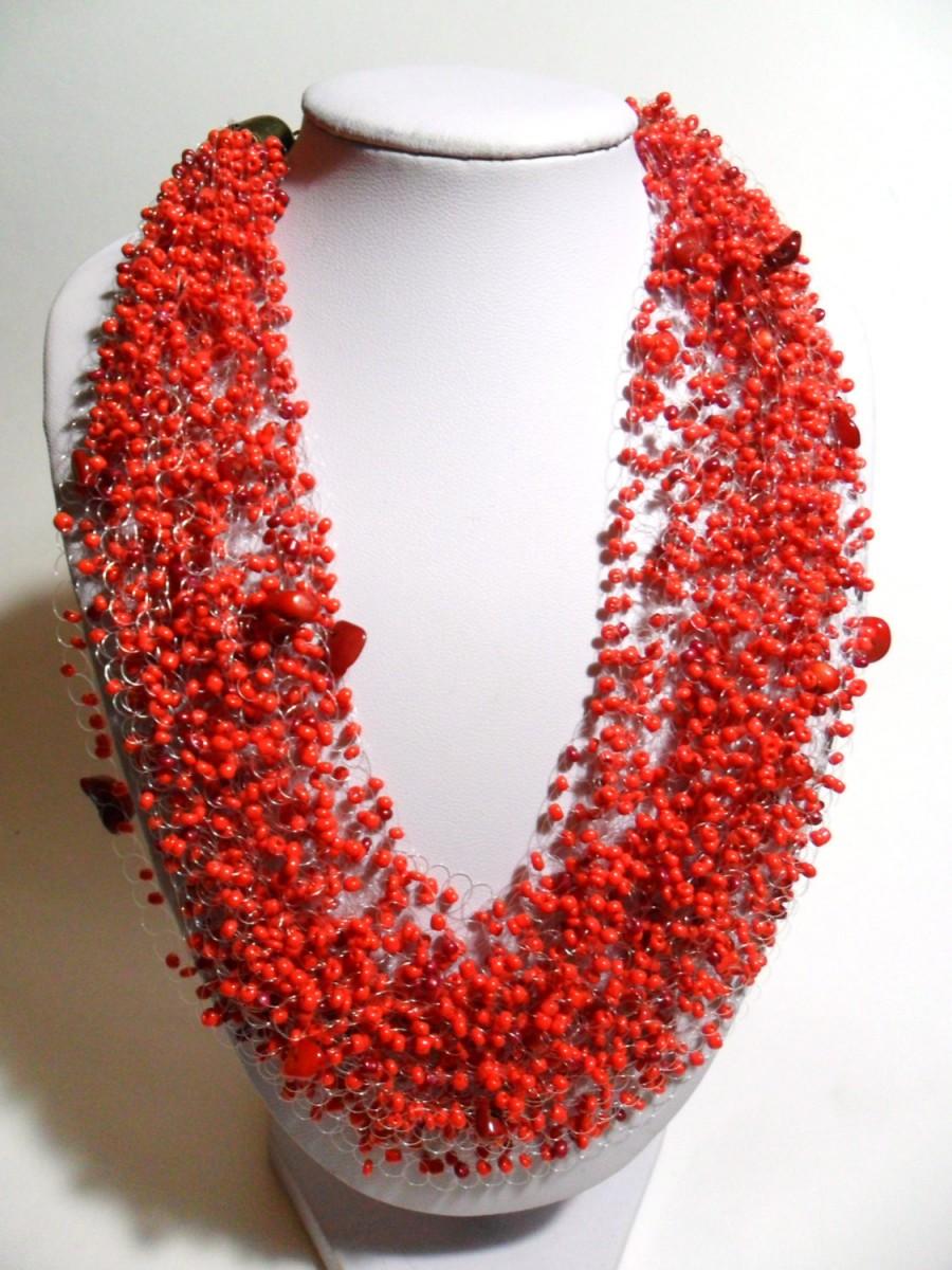 Wedding - Christmas gift Red coral stone airy necklace crochet statement multistrand everyday idea gift for her cobweb natural stone casual romantic