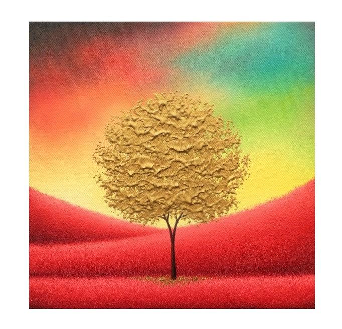 Свадьба - Gold Tree Painting, Palette Knife Art Impasto Painting, ORIGINAL Oil Painting, Modern Canvas Art, Textured Abstract Tree Landscape, 10x10