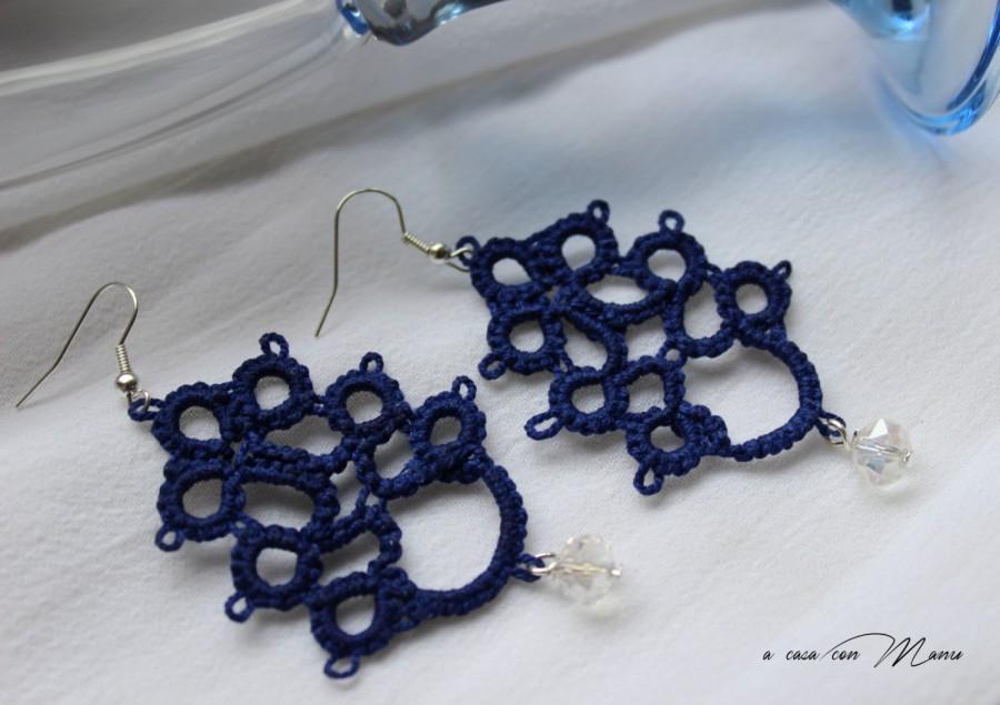 زفاف - Blu orecchini in pizzo chiacchierino, blue earrings, orecchini pendenti, tatting earrings, idea regalo, bijoux, blu, handmade, made in Italy